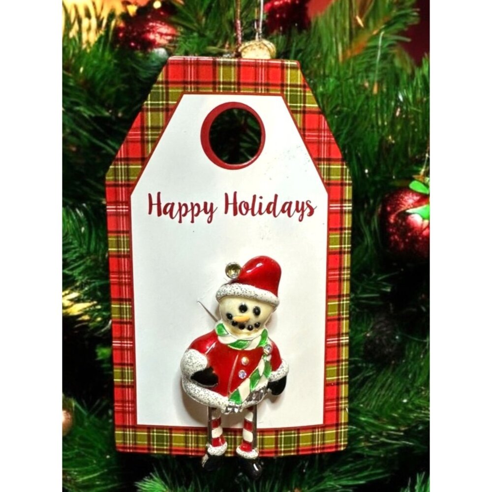 Vintage Inspired Happy Holidays Santa Snowman Brooch Pin Rhinestone Scarf